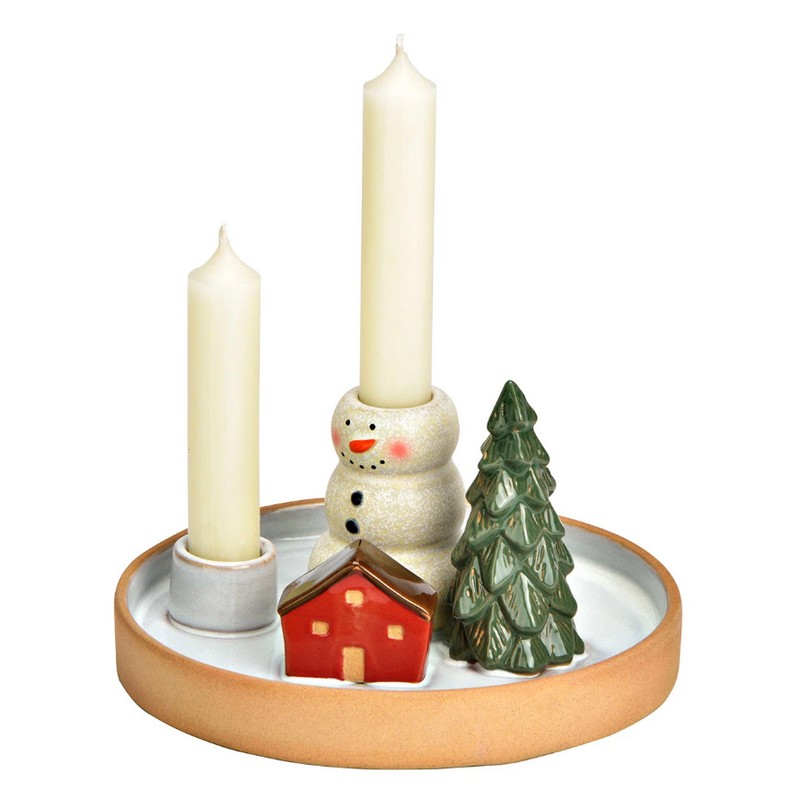Piatto portacandele di Natale in ceramica con pupazzo di neve, albero e casetta, con spazio per due candele